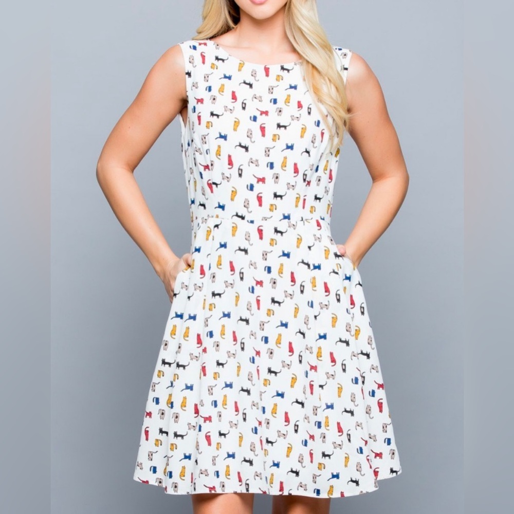 Fit and flare cat print dress with pockets